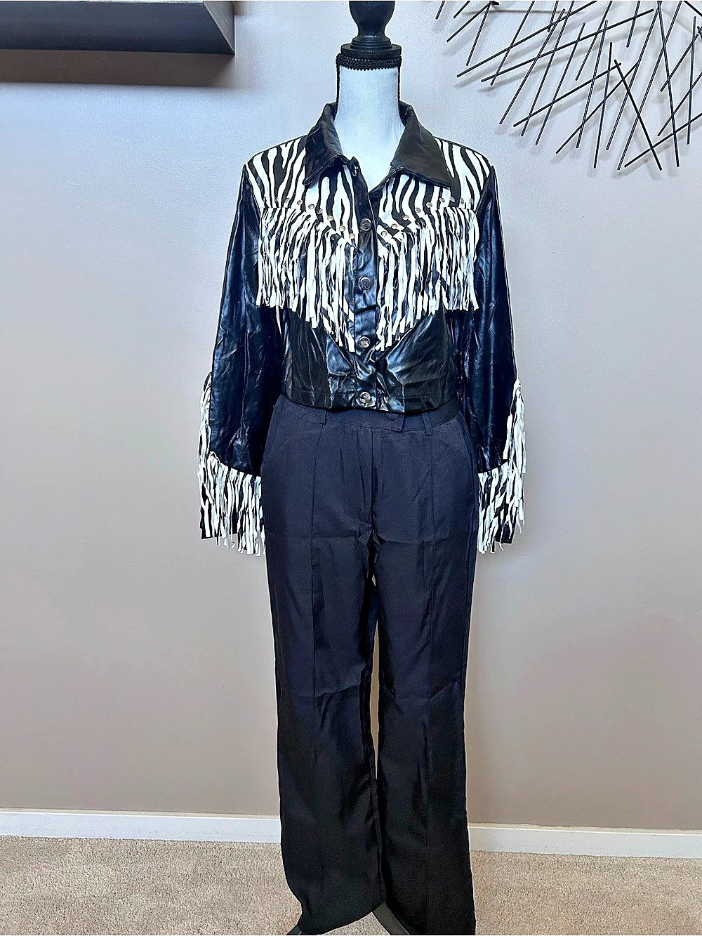 NWT Faux Leather Zebra Fringed Crop Jacket (callout) & Tailored Trousers Sz Smal